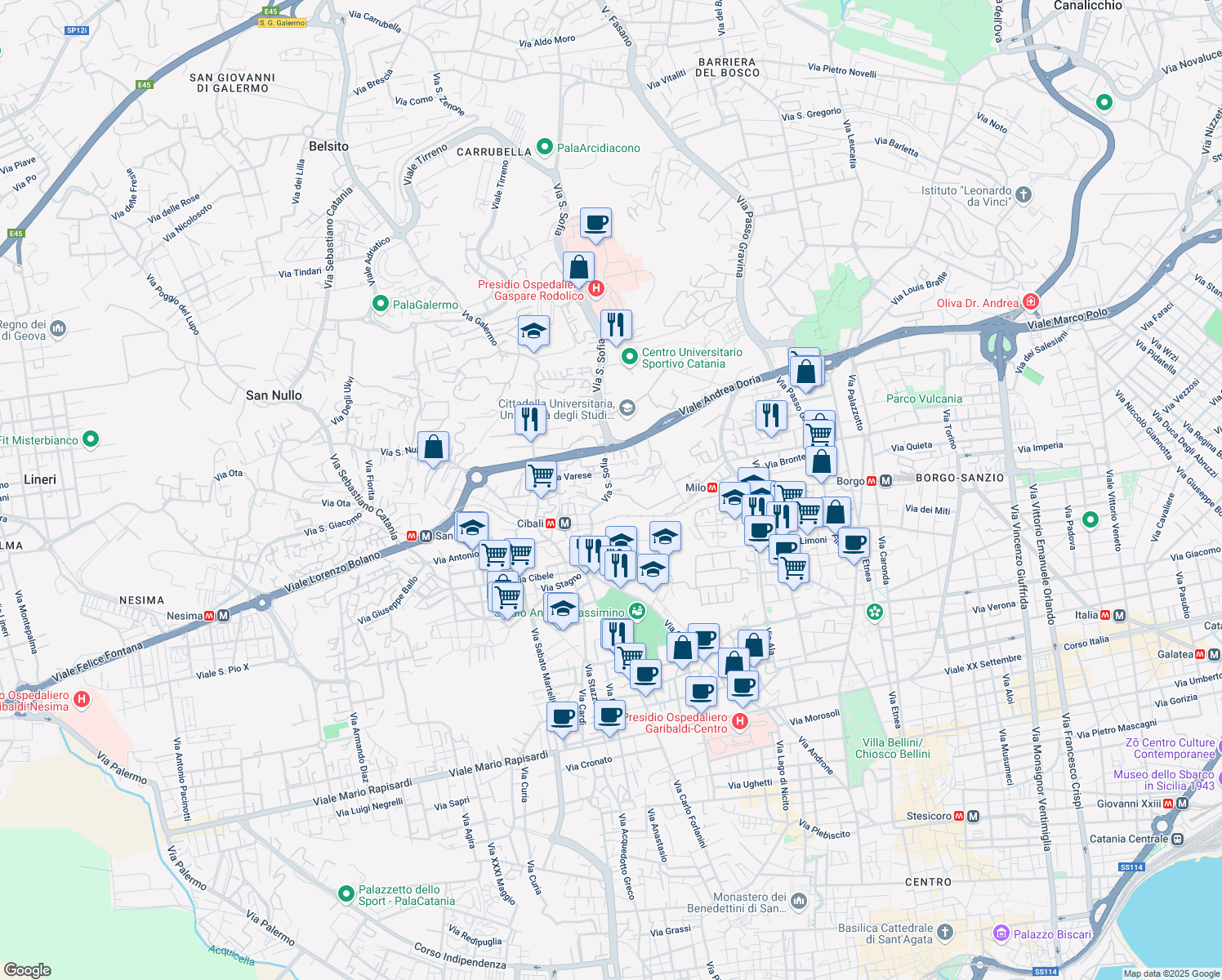 map of restaurants, bars, coffee shops, grocery stores, and more near 20 Via San Sofia in Catania