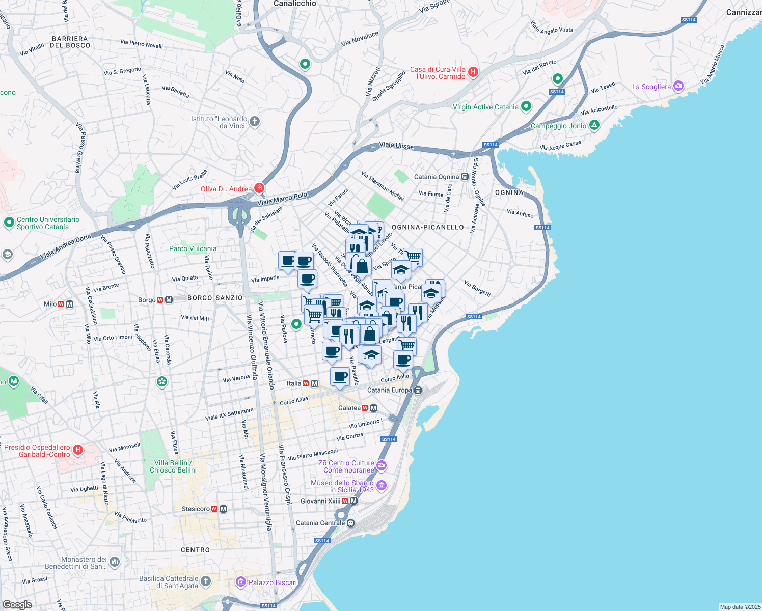 map of restaurants, bars, coffee shops, grocery stores, and more near 85 Via Antonio Santangelo Fulci in Catania