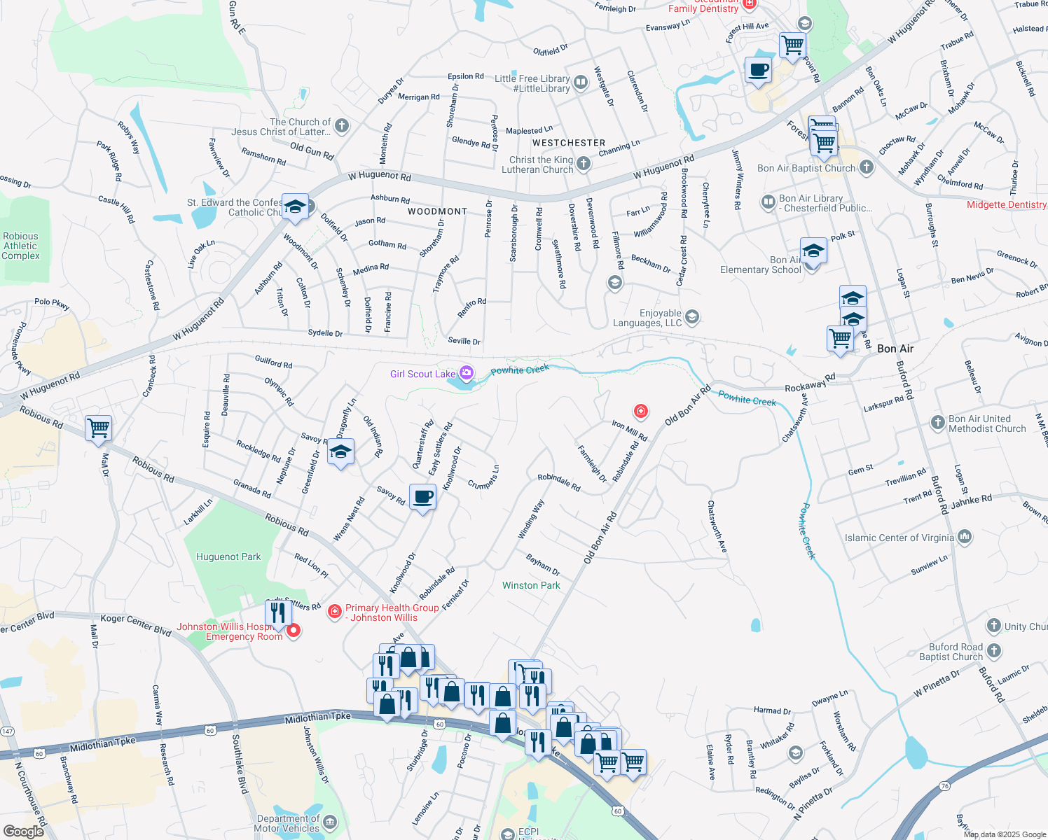 map of restaurants, bars, coffee shops, grocery stores, and more near 2443 Trefoil Way in Richmond