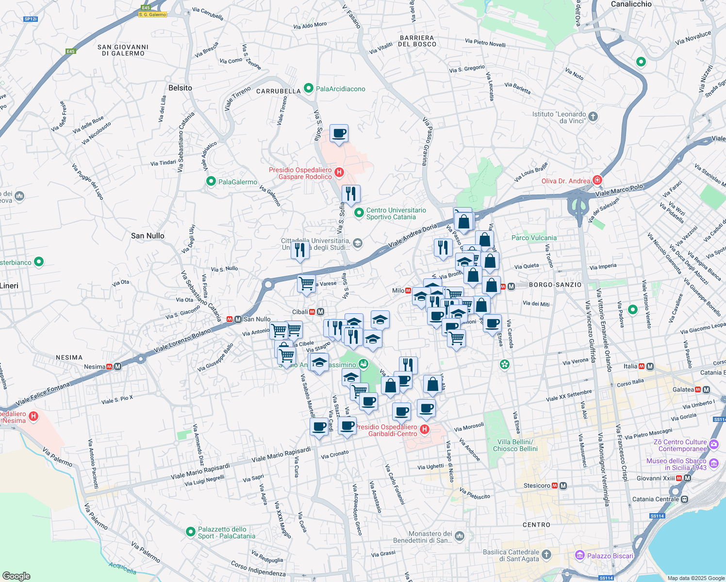 map of restaurants, bars, coffee shops, grocery stores, and more near 20 Via Santa Sofia in Catania