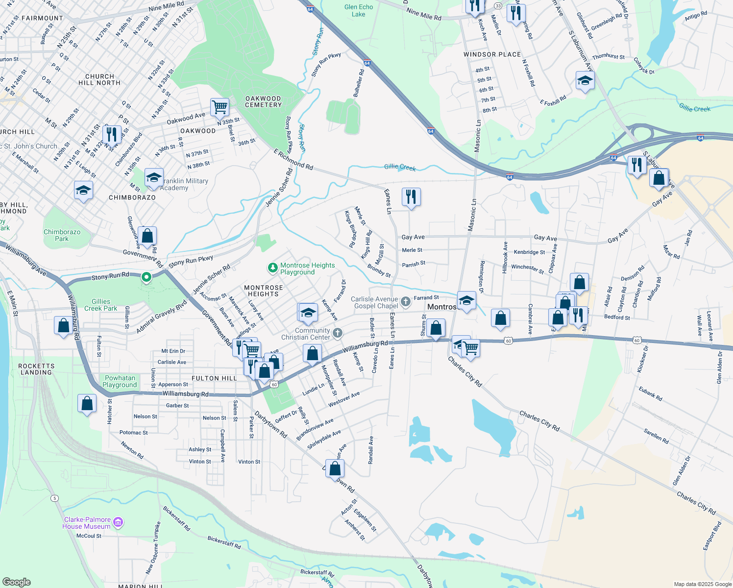 map of restaurants, bars, coffee shops, grocery stores, and more near 4706 Butler Street in Richmond