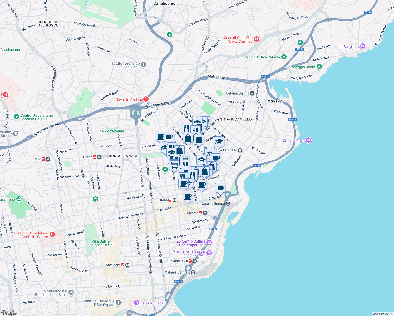 map of restaurants, bars, coffee shops, grocery stores, and more near 20 Via Falsaperla in Catania