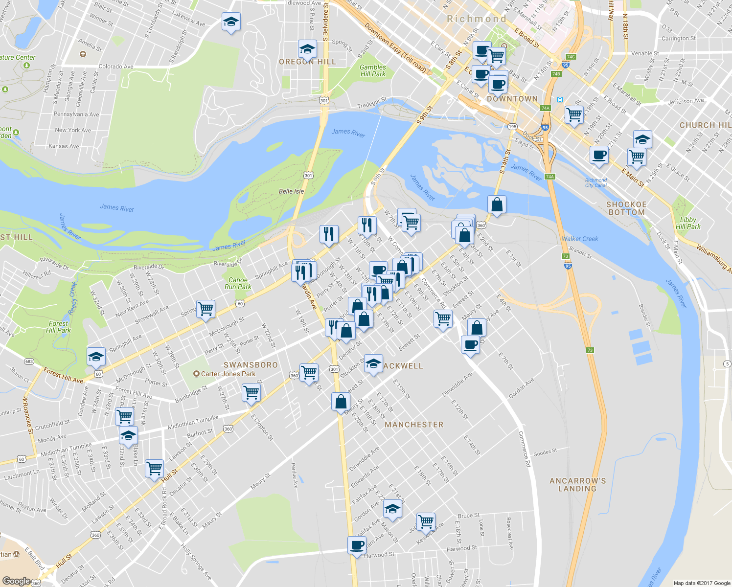 map of restaurants, bars, coffee shops, grocery stores, and more near 1225 Bainbridge Street in Richmond