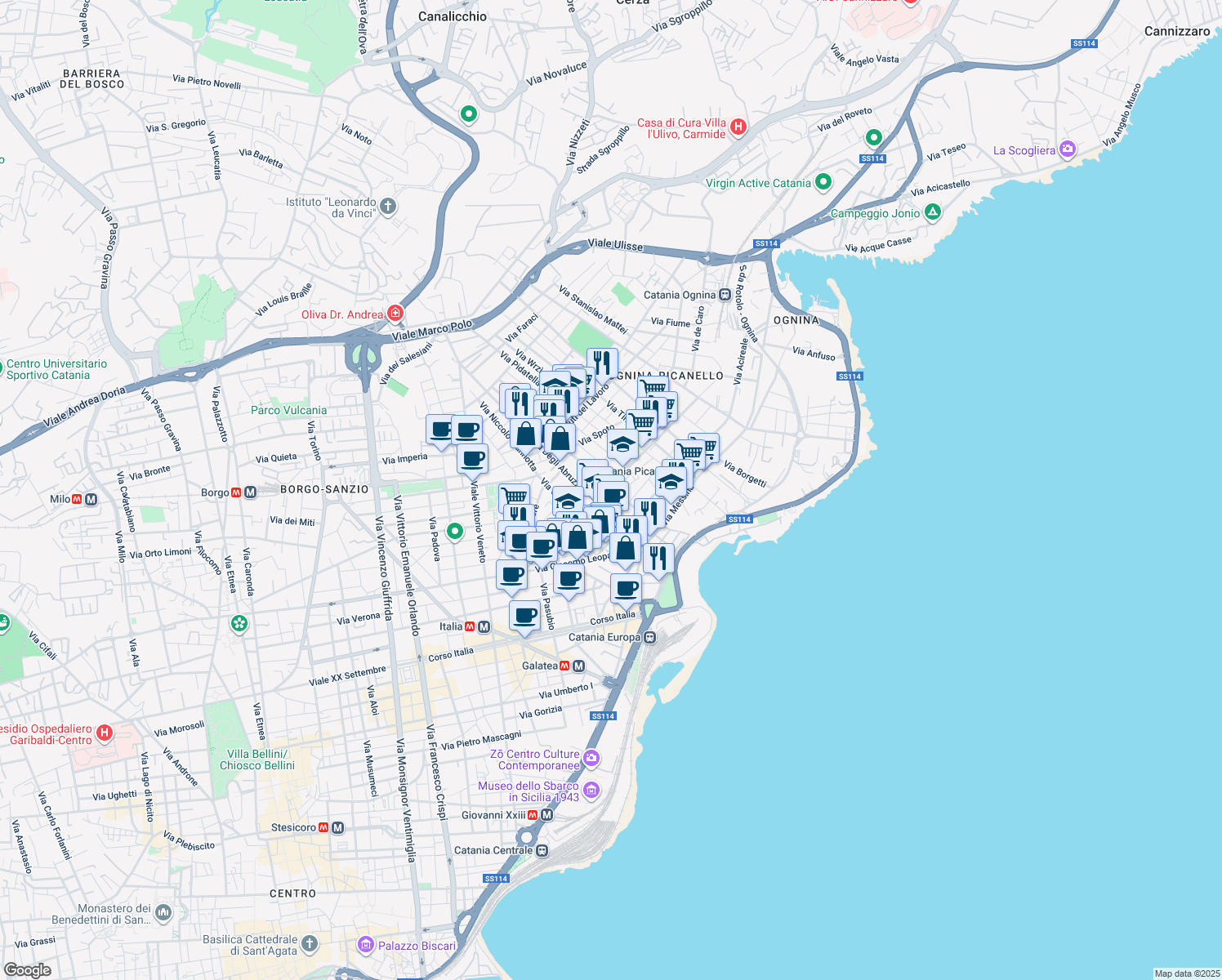 map of restaurants, bars, coffee shops, grocery stores, and more near 1-3 Via Gaetano Donizetti in Catania