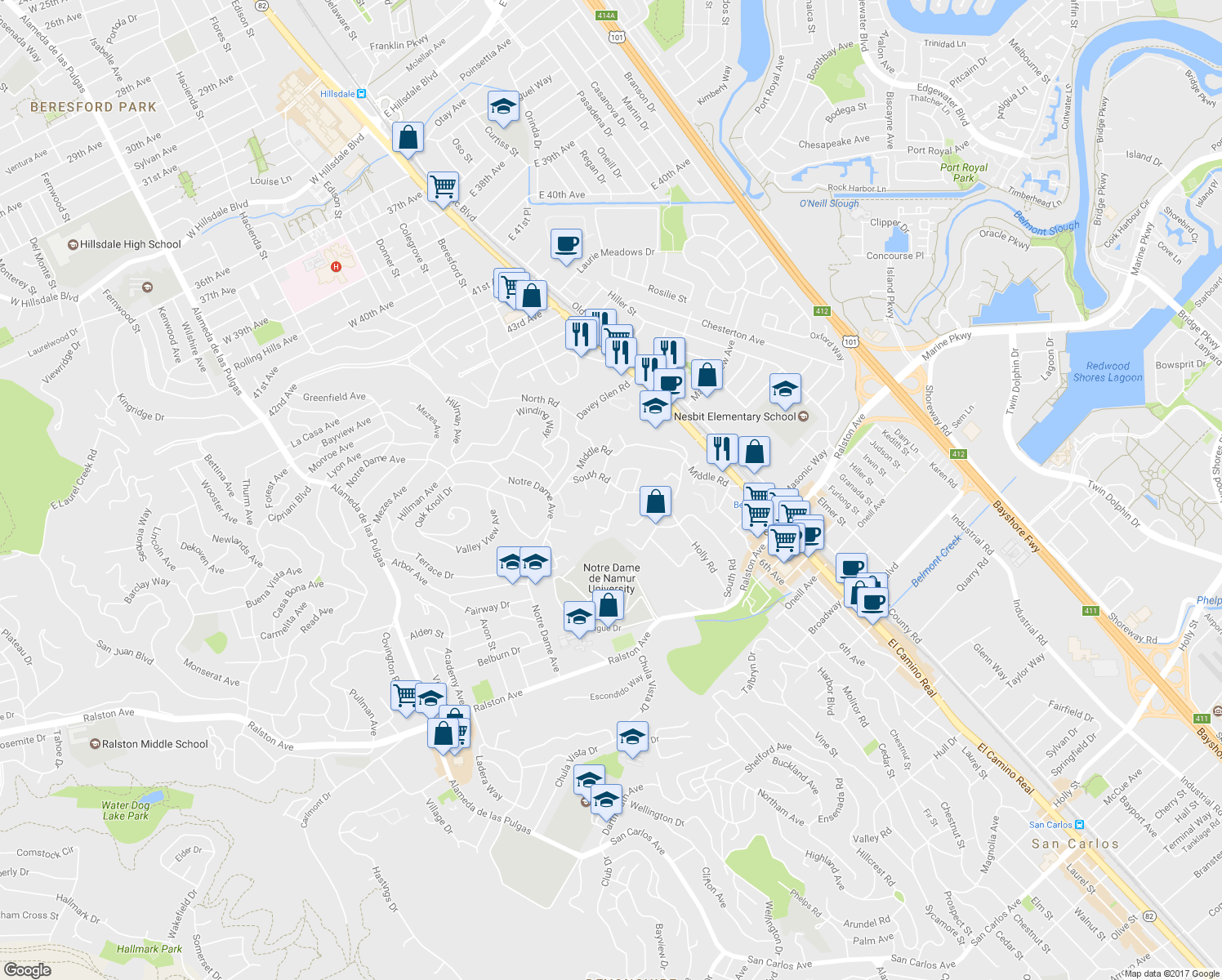 map of restaurants, bars, coffee shops, grocery stores, and more near 500 South Road in Belmont