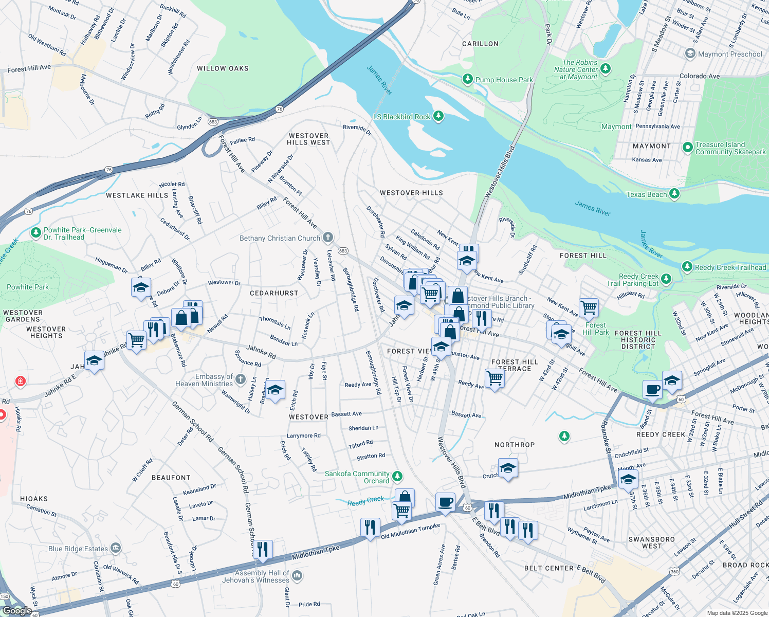 map of restaurants, bars, coffee shops, grocery stores, and more near 5111 Dorchester Road in Richmond