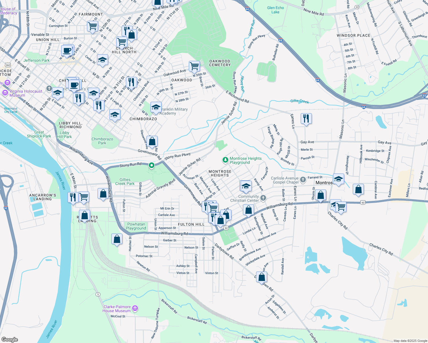 map of restaurants, bars, coffee shops, grocery stores, and more near 1908 Fenton Street in Richmond