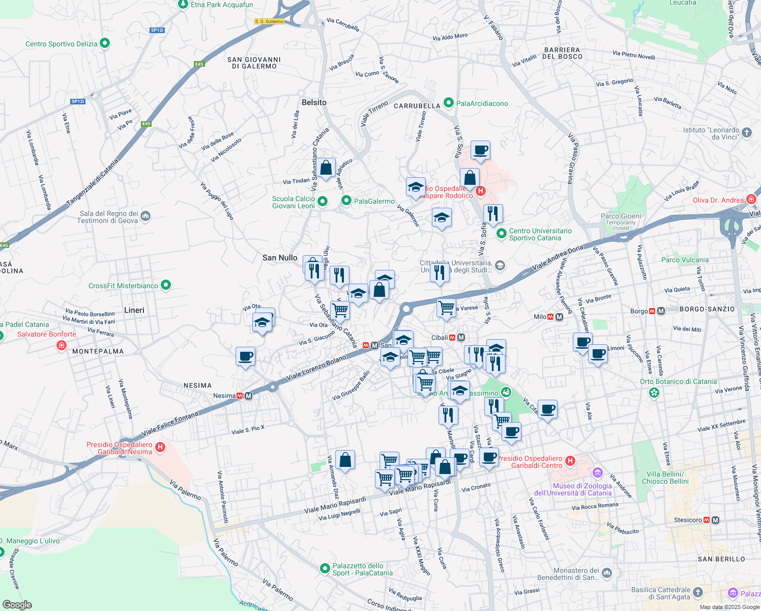map of restaurants, bars, coffee shops, grocery stores, and more near 5 Via San Nullo in Catania