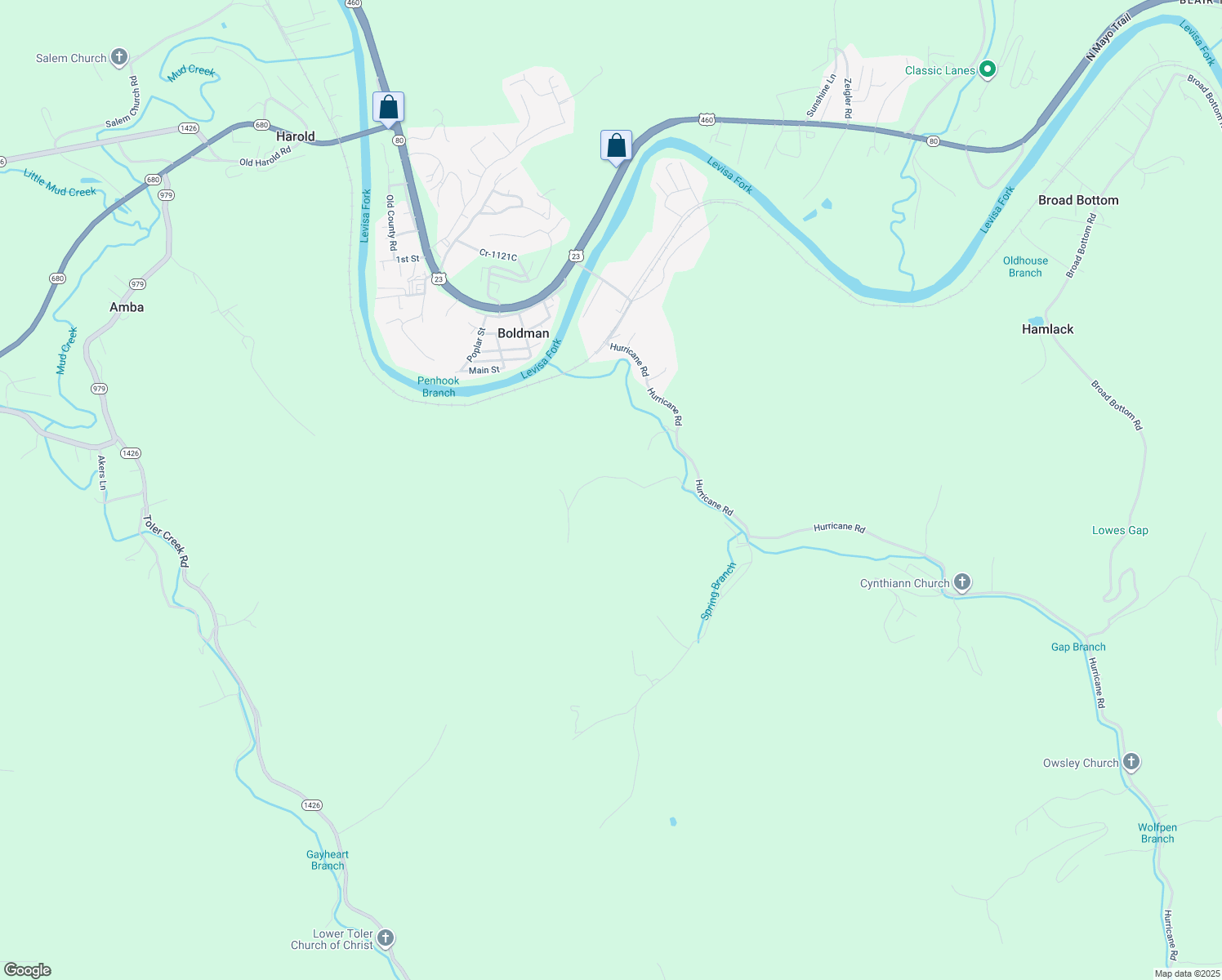 map of restaurants, bars, coffee shops, grocery stores, and more near 1-599 Hunts Branch in Pikeville