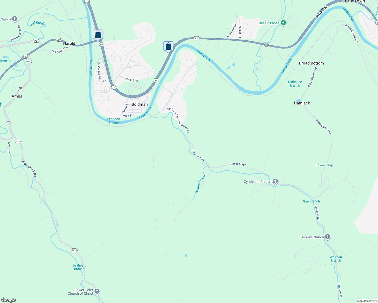 map of restaurants, bars, coffee shops, grocery stores, and more near 1 Hunts Branch in Pikeville