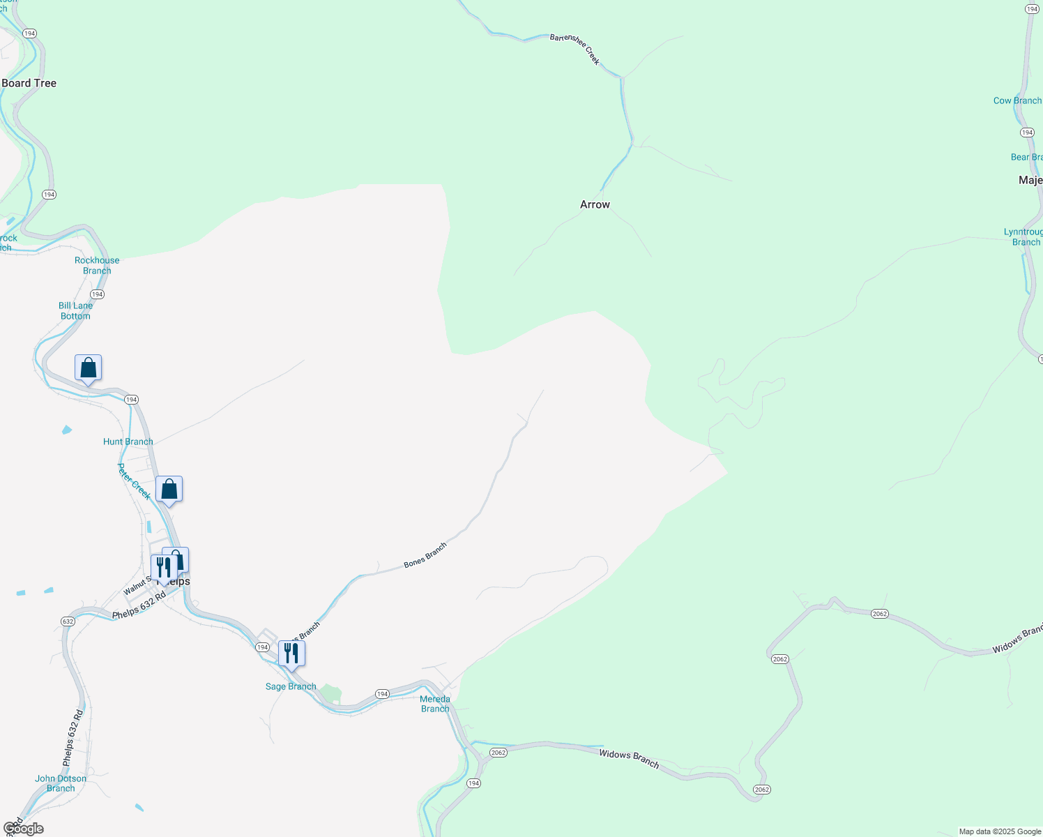 map of restaurants, bars, coffee shops, grocery stores, and more near Left Fork Bones Branch in Phelps