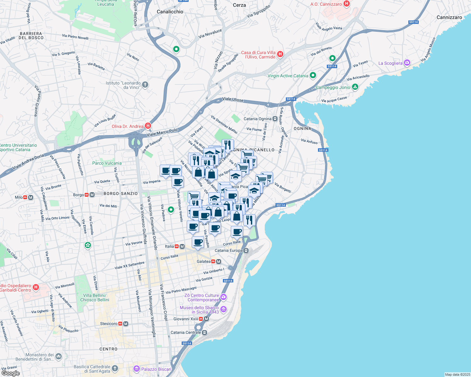 map of restaurants, bars, coffee shops, grocery stores, and more near 3 Via Gaetano Donizetti in Catania