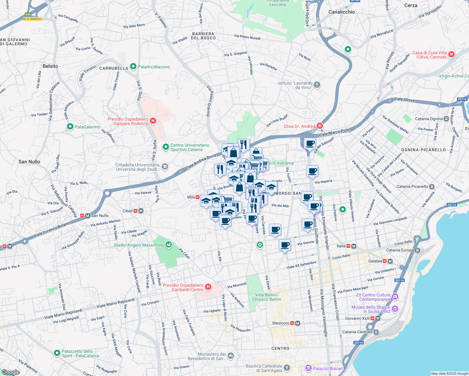 map of restaurants, bars, coffee shops, grocery stores, and more near 4 Via Randazzo in Catania