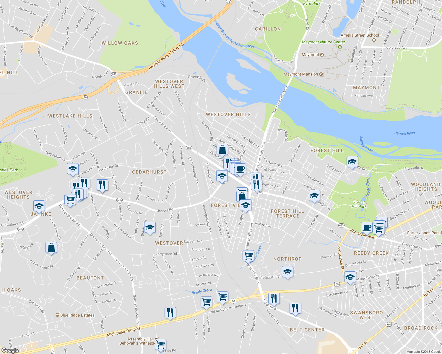 map of restaurants, bars, coffee shops, grocery stores, and more near 5105 Boscobel Avenue in Richmond
