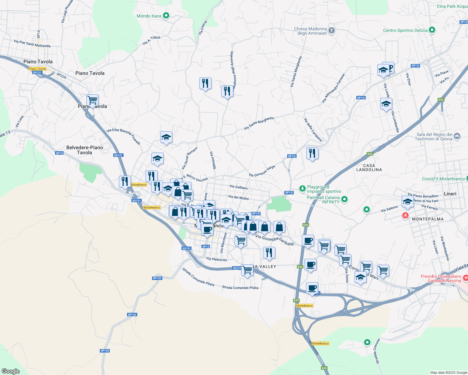 map of restaurants, bars, coffee shops, grocery stores, and more near 73 Via Galliano in Misterbianco