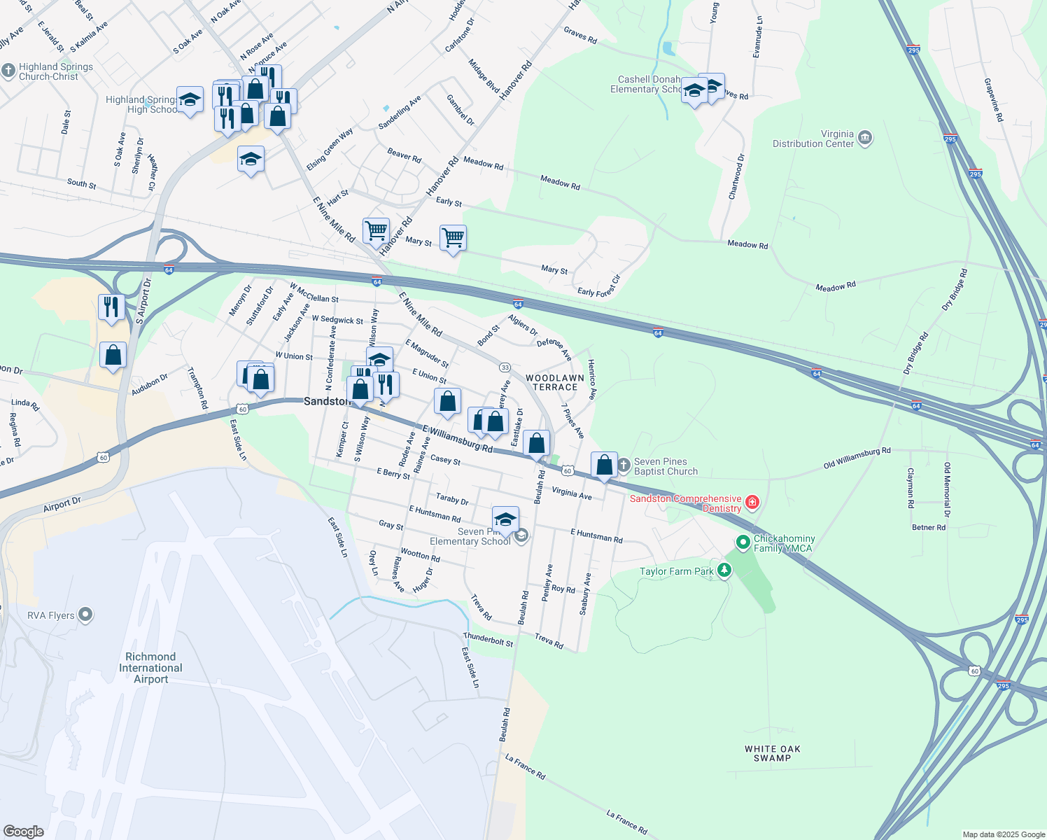 map of restaurants, bars, coffee shops, grocery stores, and more near 20 Eastlake Drive in Sandston