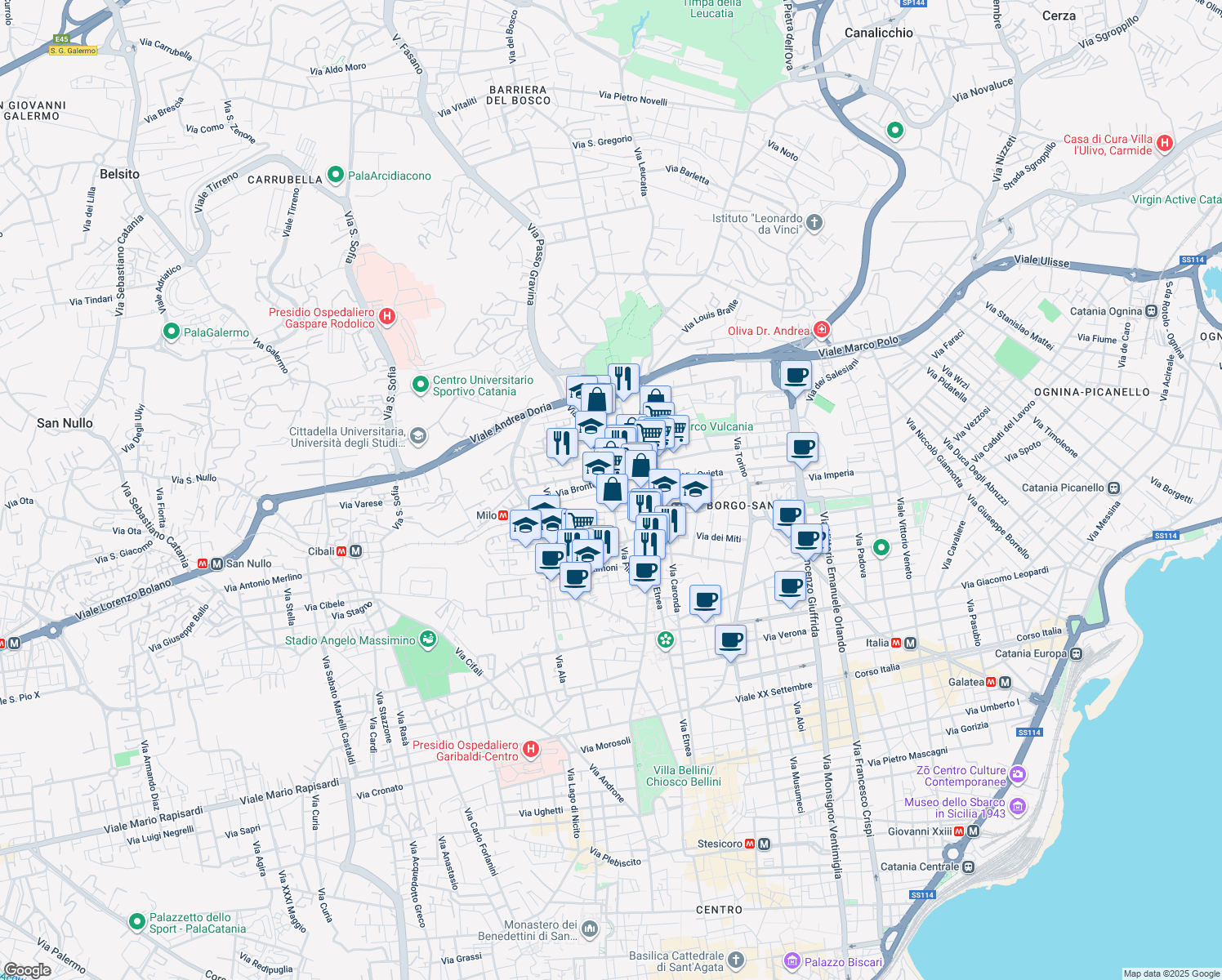 map of restaurants, bars, coffee shops, grocery stores, and more near 4 Via Randazzo in Catania