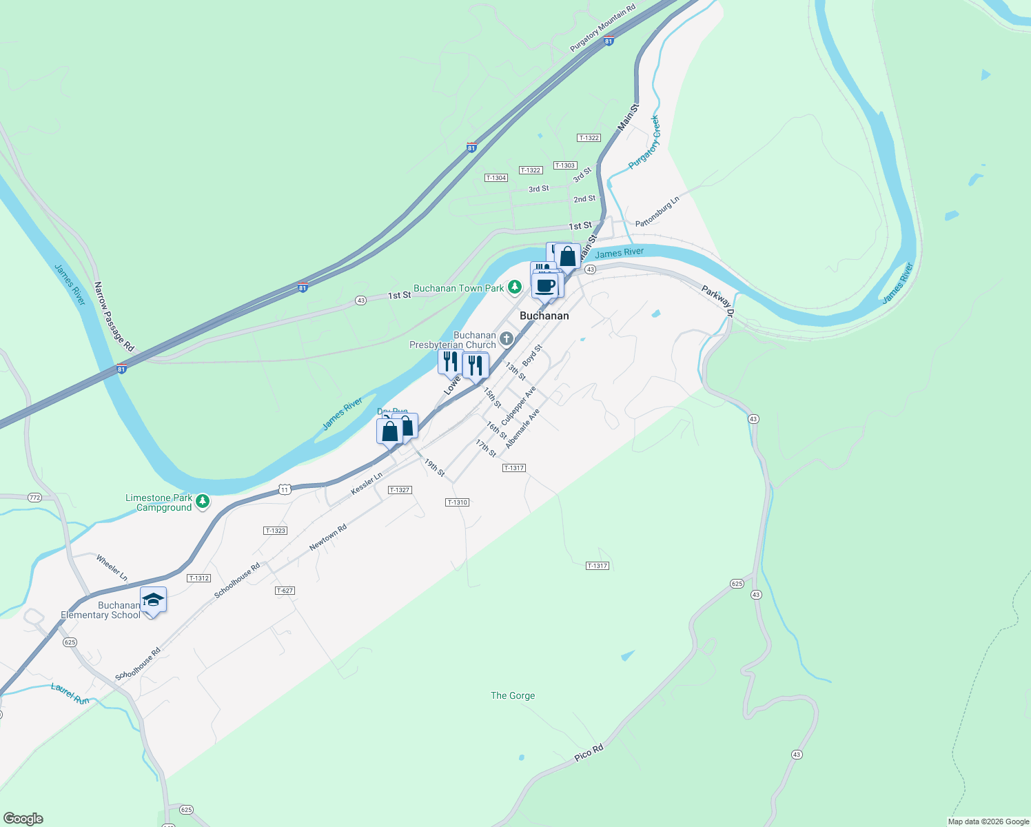 map of restaurants, bars, coffee shops, grocery stores, and more near 314 Culpepper Ave in Buchanan
