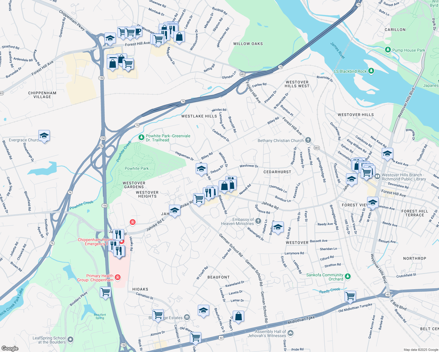 map of restaurants, bars, coffee shops, grocery stores, and more near 6226 Westower Drive in Richmond