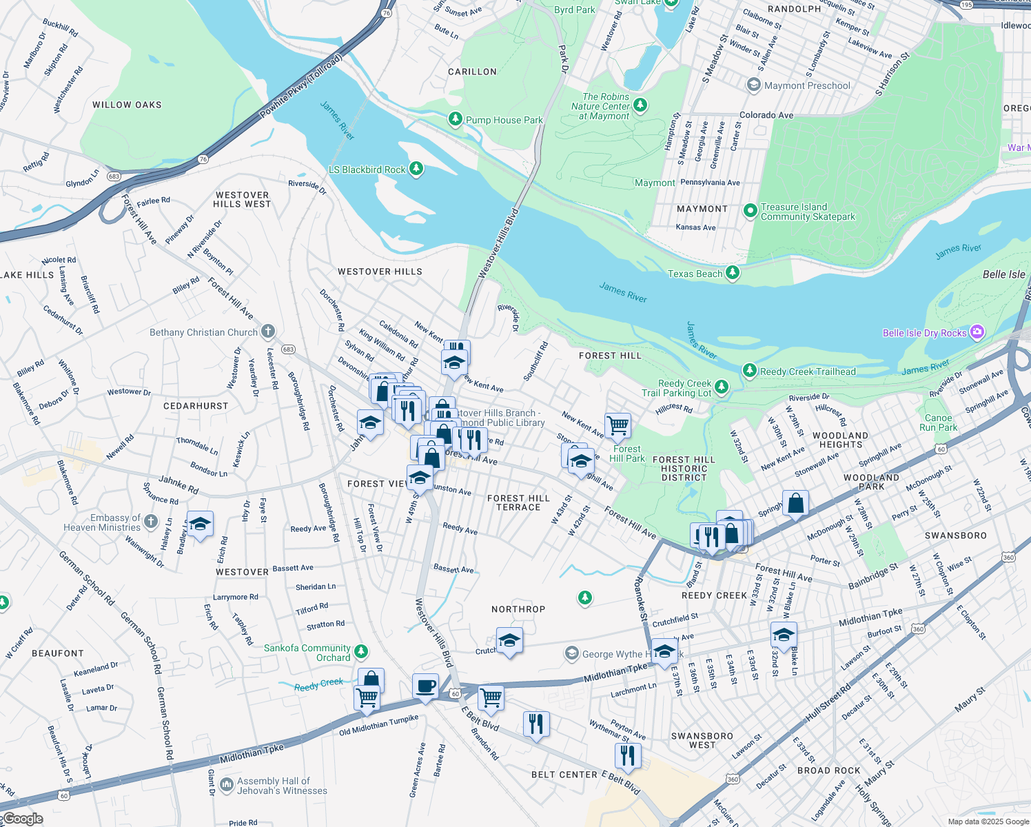 map of restaurants, bars, coffee shops, grocery stores, and more near 4606 King William Road in Richmond