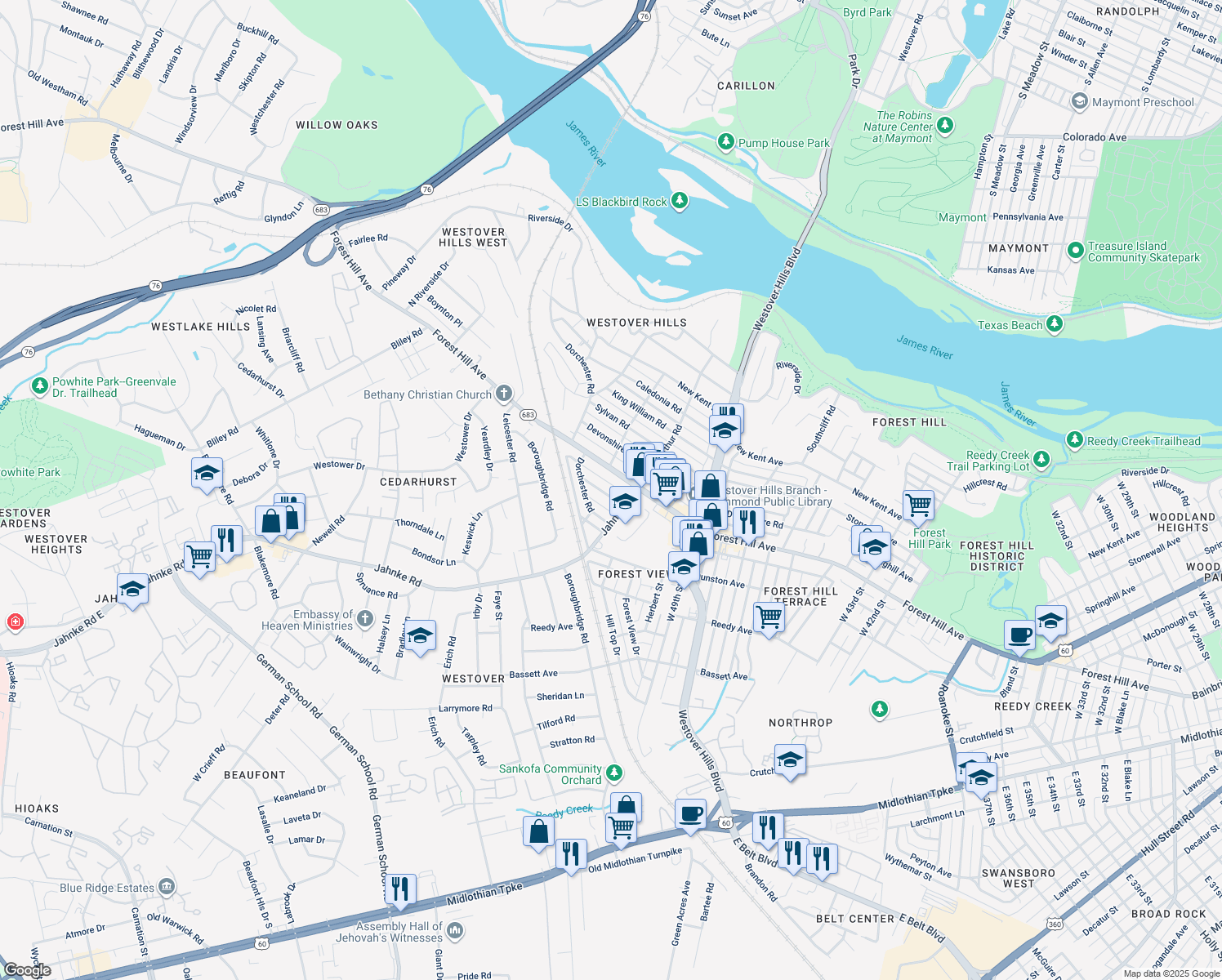 map of restaurants, bars, coffee shops, grocery stores, and more near 5109 Boscobel Avenue in Richmond