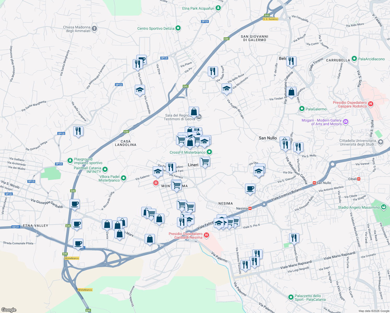 map of restaurants, bars, coffee shops, grocery stores, and more near 3 Via Machiavelli in Misterbianco