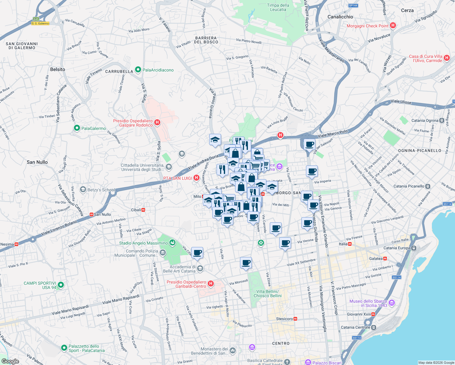 map of restaurants, bars, coffee shops, grocery stores, and more near 23 Via Bronte in Catania