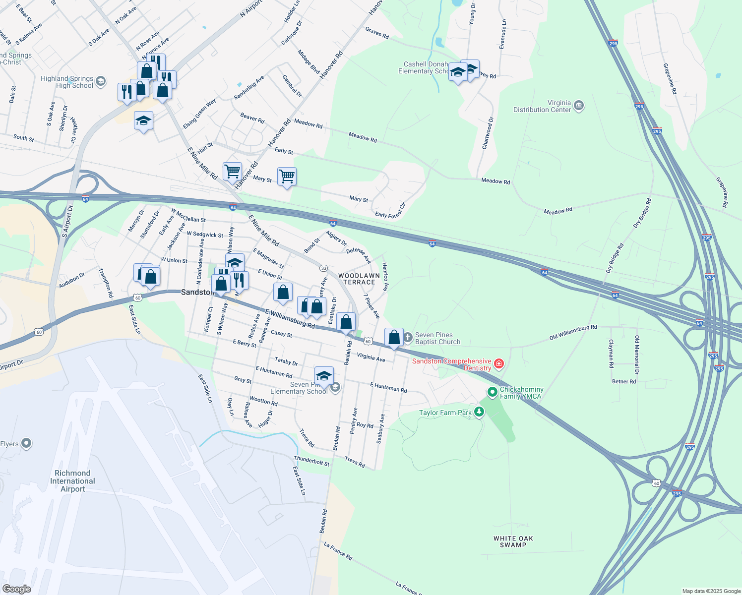 map of restaurants, bars, coffee shops, grocery stores, and more near 326 7 Pines Avenue in Sandston