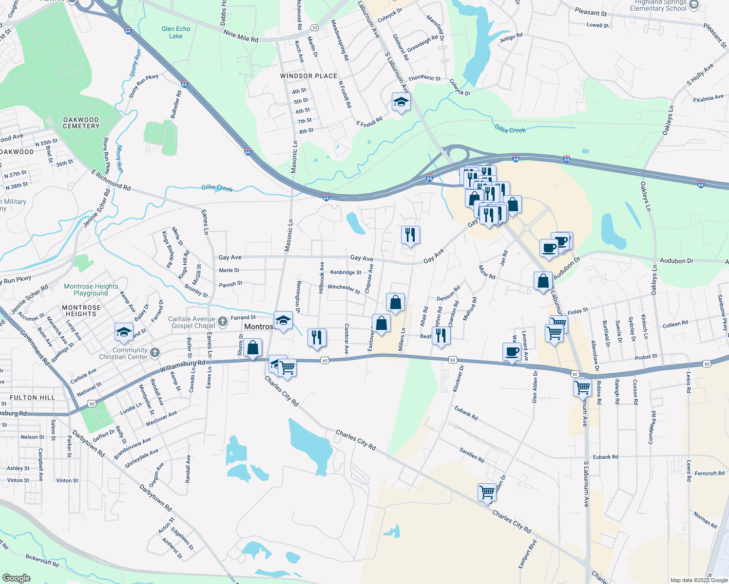 map of restaurants, bars, coffee shops, grocery stores, and more near 4612 Chipoax Avenue in Richmond