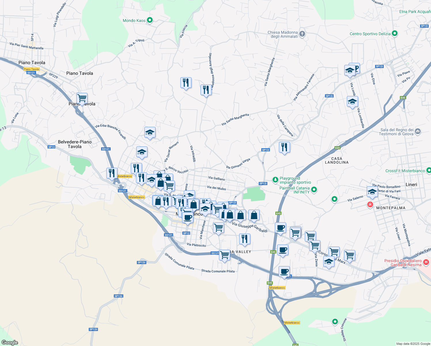 map of restaurants, bars, coffee shops, grocery stores, and more near 73 Via Galliano in Misterbianco