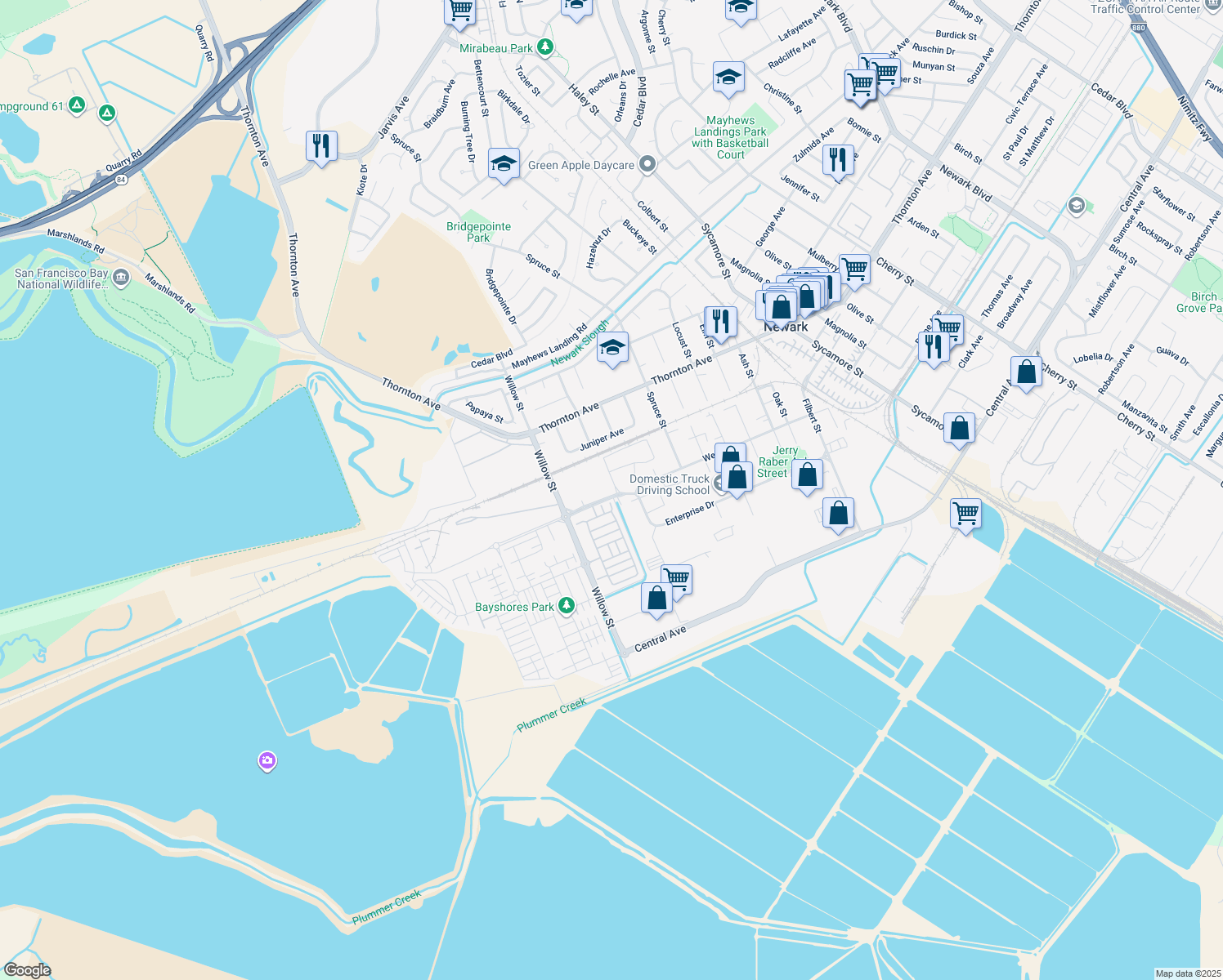 map of restaurants, bars, coffee shops, grocery stores, and more near 37297 Aleppo Drive in Newark