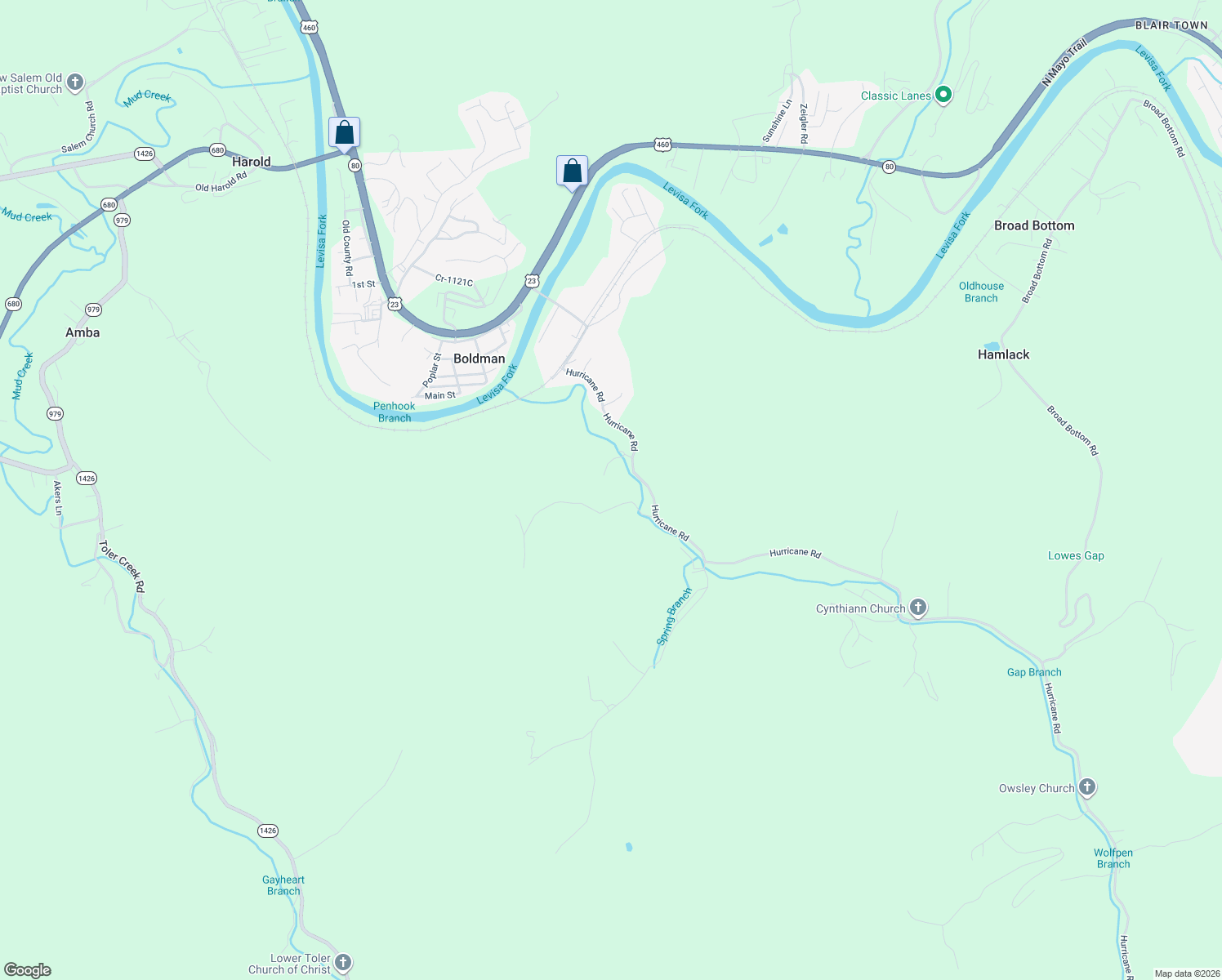 map of restaurants, bars, coffee shops, grocery stores, and more near 2 Hunts Branch in Pikeville