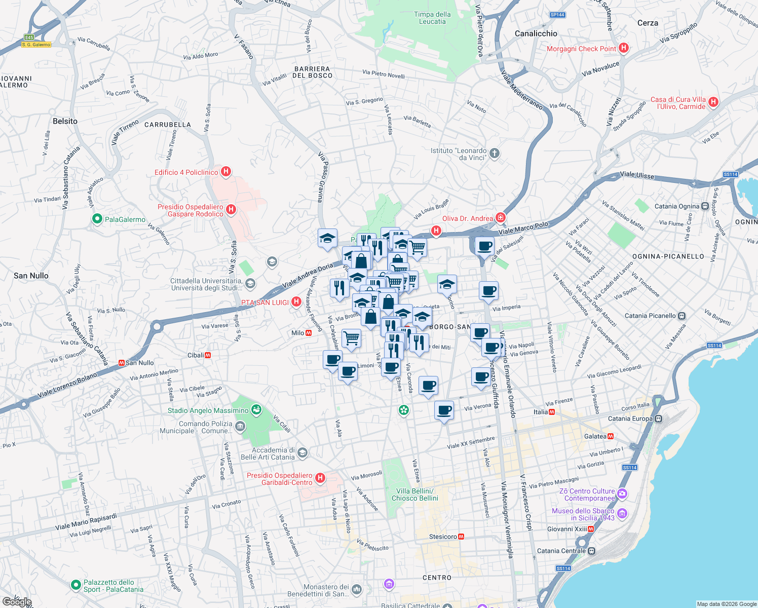 map of restaurants, bars, coffee shops, grocery stores, and more near 2-18 Via Ibla in Catania