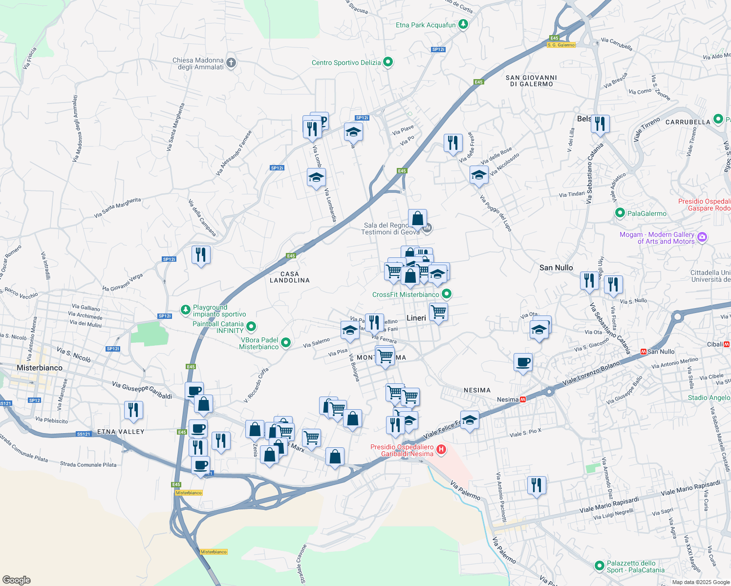 map of restaurants, bars, coffee shops, grocery stores, and more near 2/C Via Federico de Roberto in Lineri