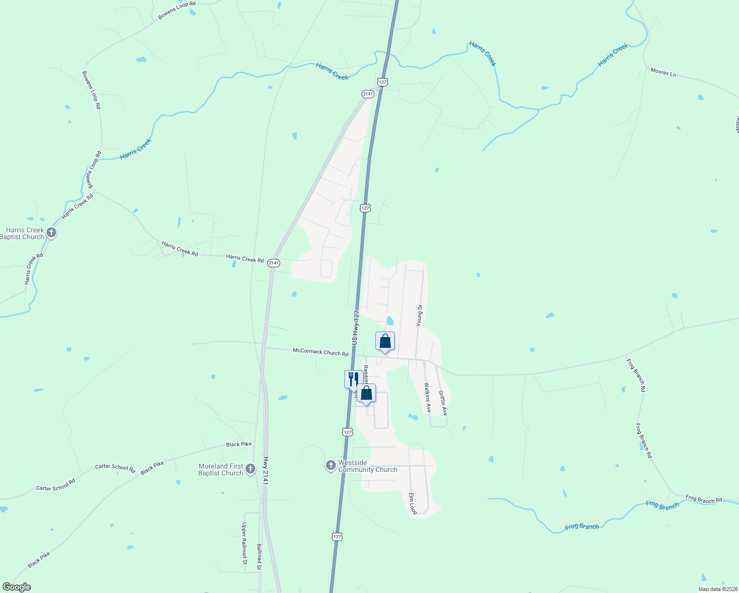 map of restaurants, bars, coffee shops, grocery stores, and more near 122 North Ridge Road in Stanford