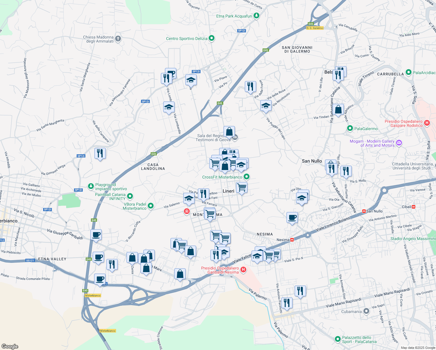 map of restaurants, bars, coffee shops, grocery stores, and more near 24 Via Tomasi di Lampedusa in Misterbianco
