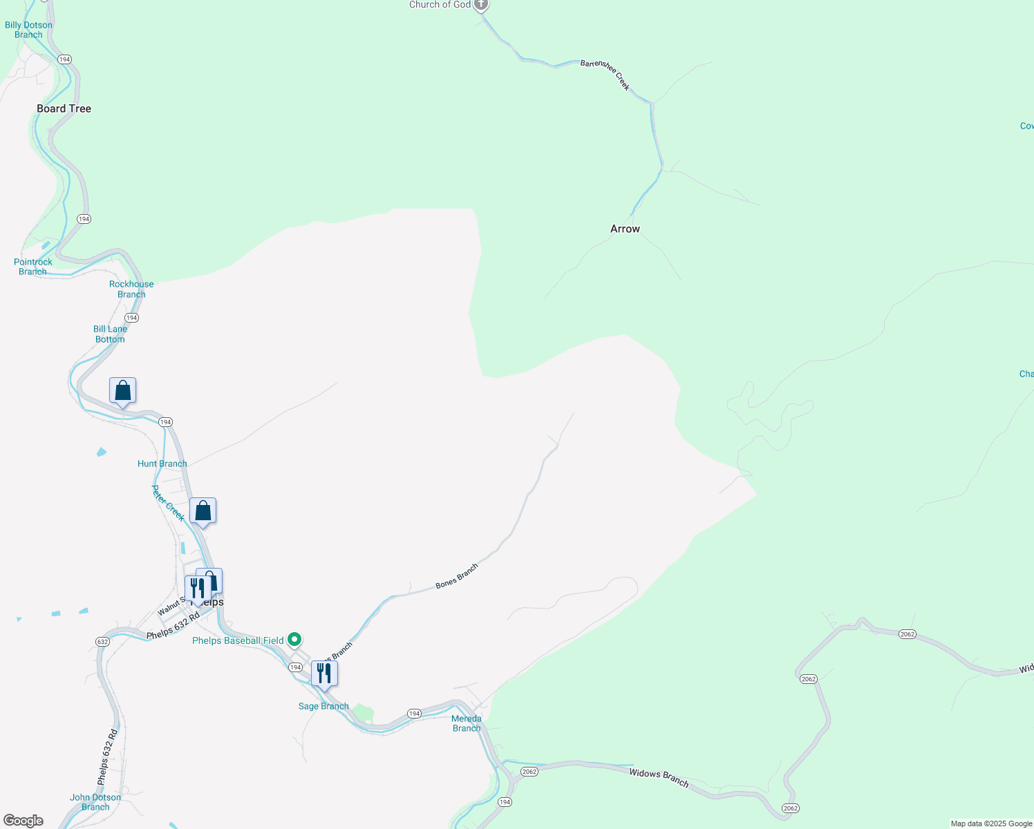 map of restaurants, bars, coffee shops, grocery stores, and more near Left Fork Bones Branch in Phelps