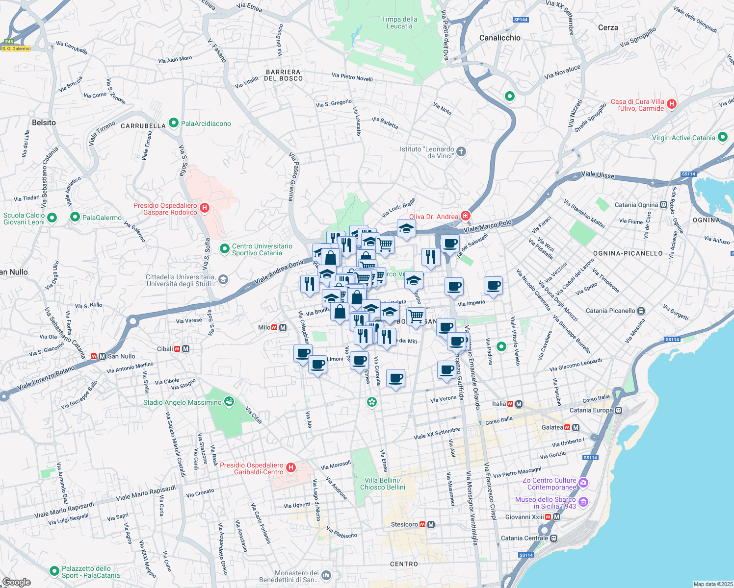 map of restaurants, bars, coffee shops, grocery stores, and more near 410 Via Caronda in Catania