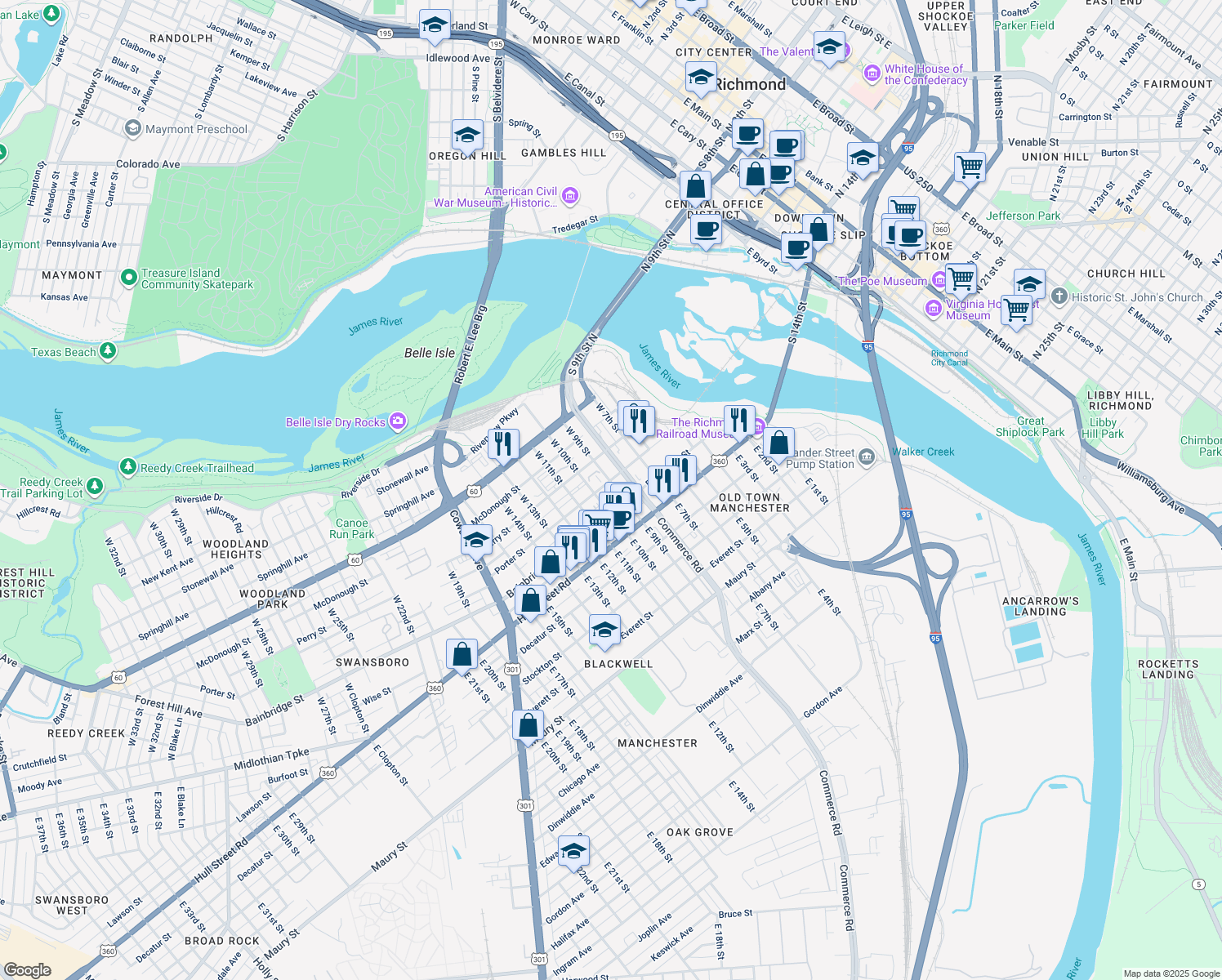 map of restaurants, bars, coffee shops, grocery stores, and more near 122 W 9th St in Richmond