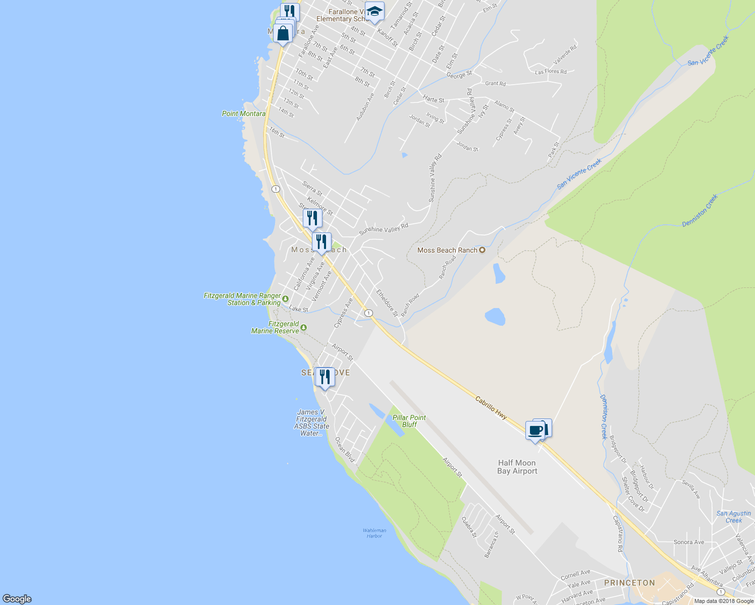 map of restaurants, bars, coffee shops, grocery stores, and more near 1077 Pearl Avenue in Moss Beach