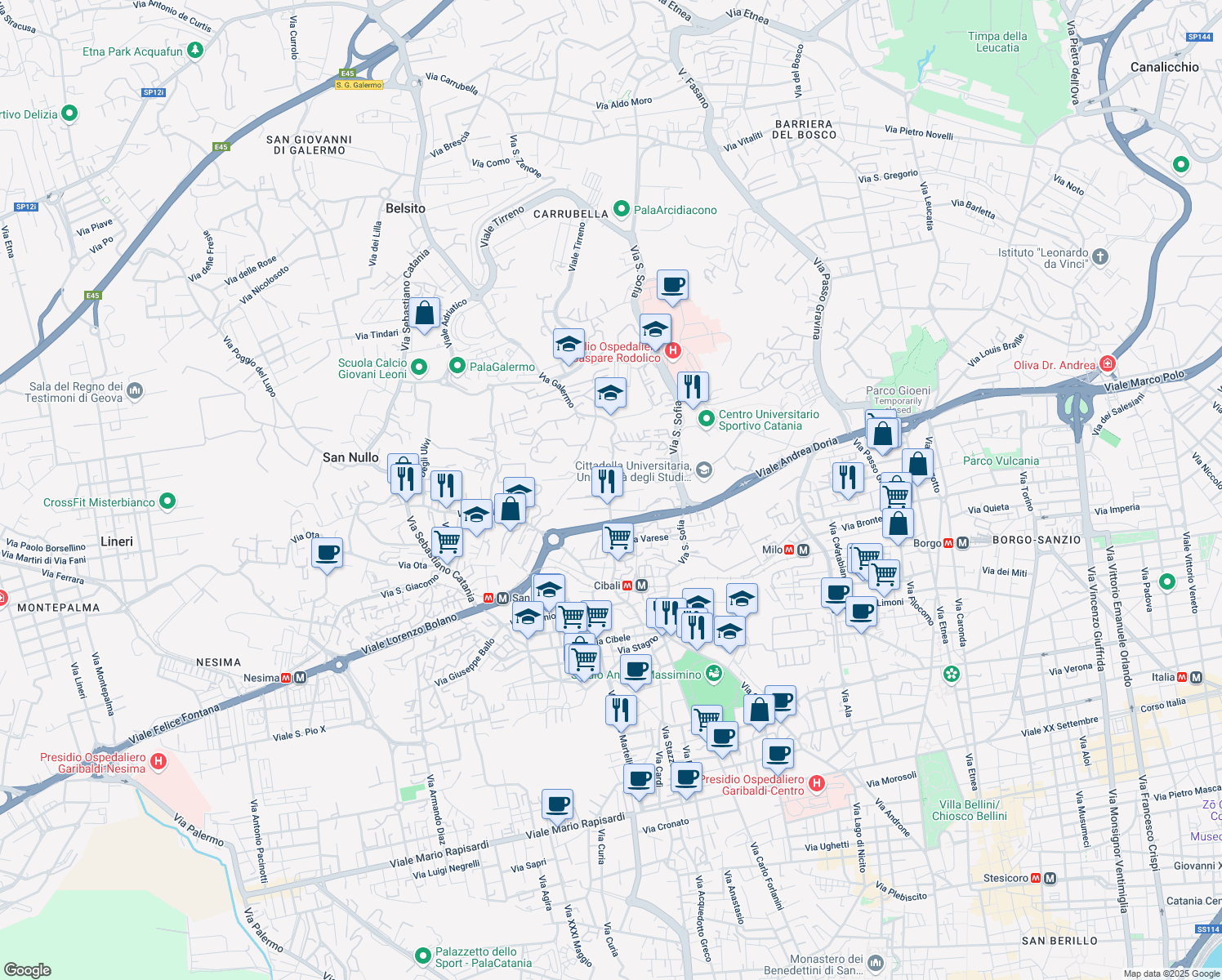 map of restaurants, bars, coffee shops, grocery stores, and more near 262-276 Via Galermo in Catania