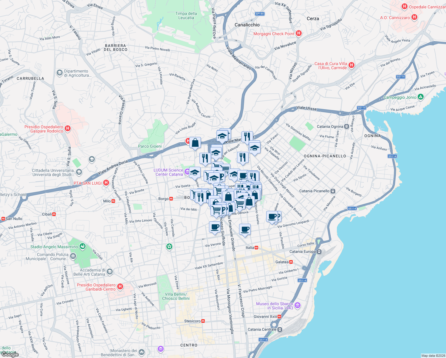 map of restaurants, bars, coffee shops, grocery stores, and more near 7 Via Giuseppe Patanè in Catania