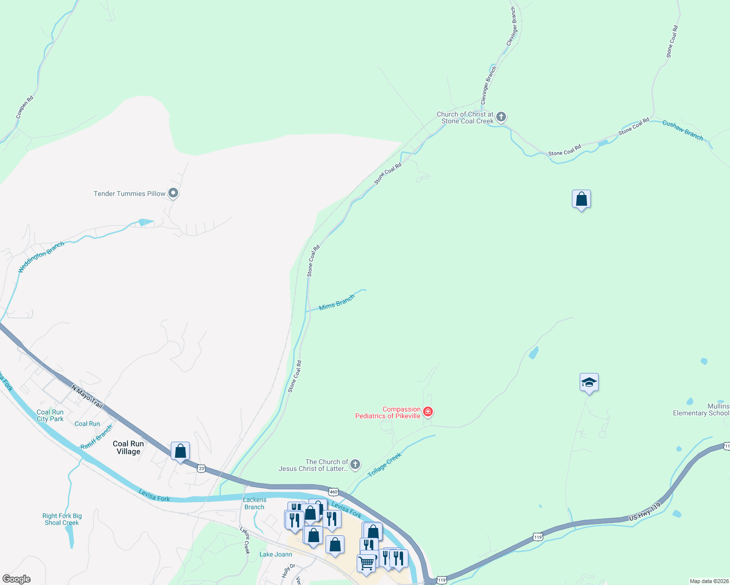 map of restaurants, bars, coffee shops, grocery stores, and more near 302 Mims Branch in Pikeville