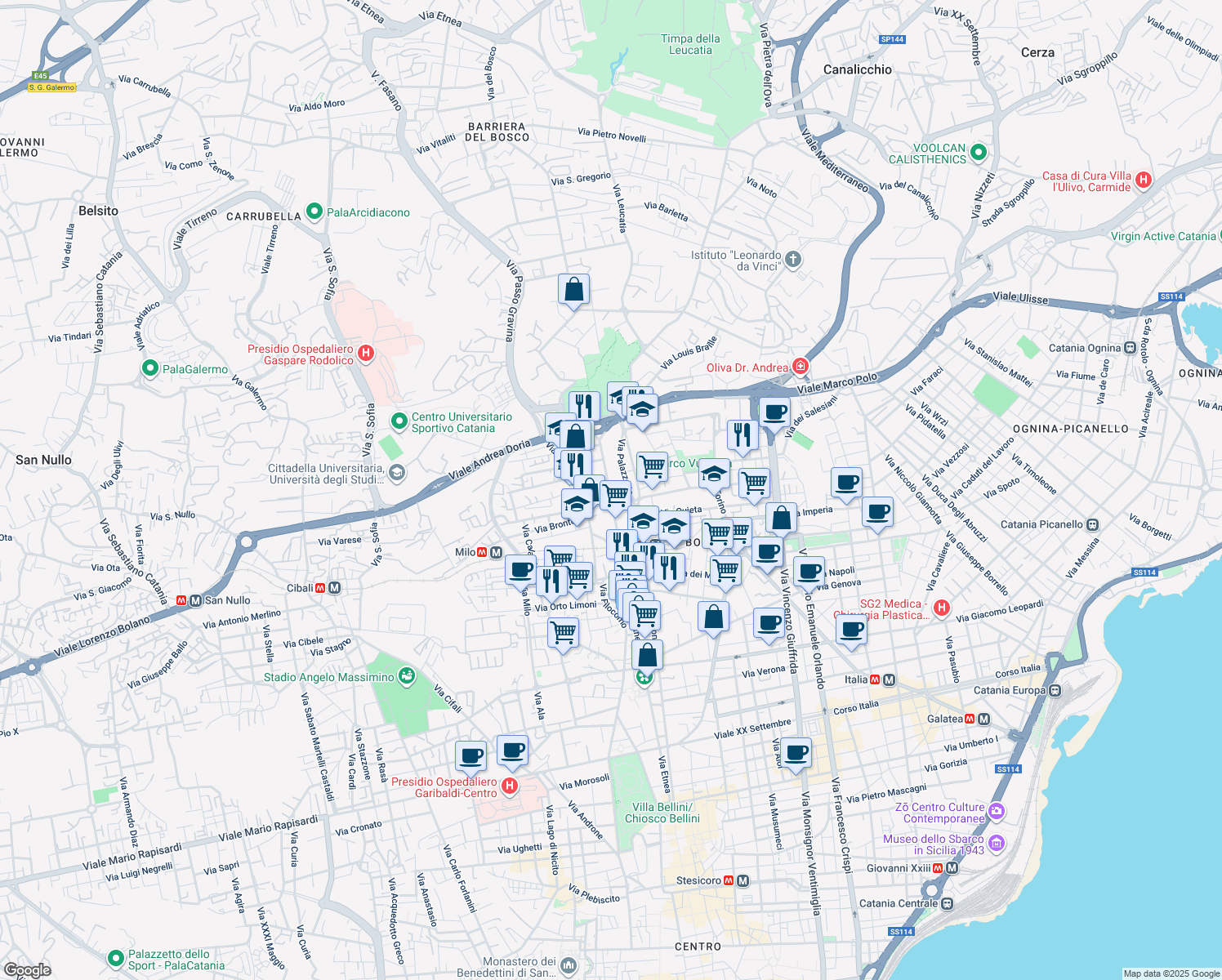 map of restaurants, bars, coffee shops, grocery stores, and more near 2-18 Via Ibla in Catania