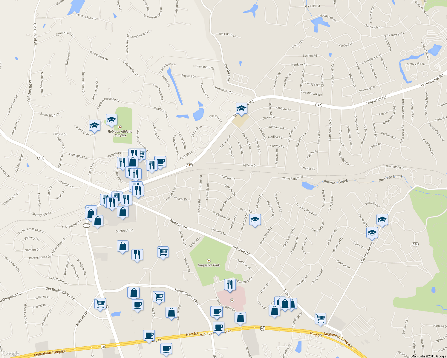 map of restaurants, bars, coffee shops, grocery stores, and more near 11125 Guilford Road in Richmond