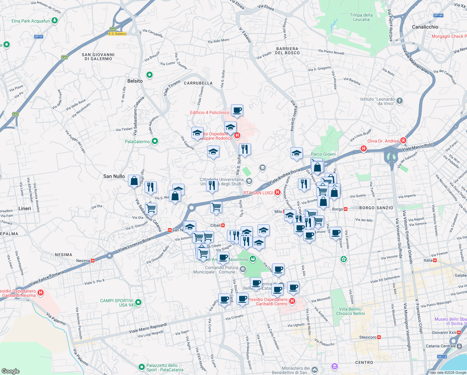 map of restaurants, bars, coffee shops, grocery stores, and more near 9 Via Giovan Filippo Ingrassia in Catania