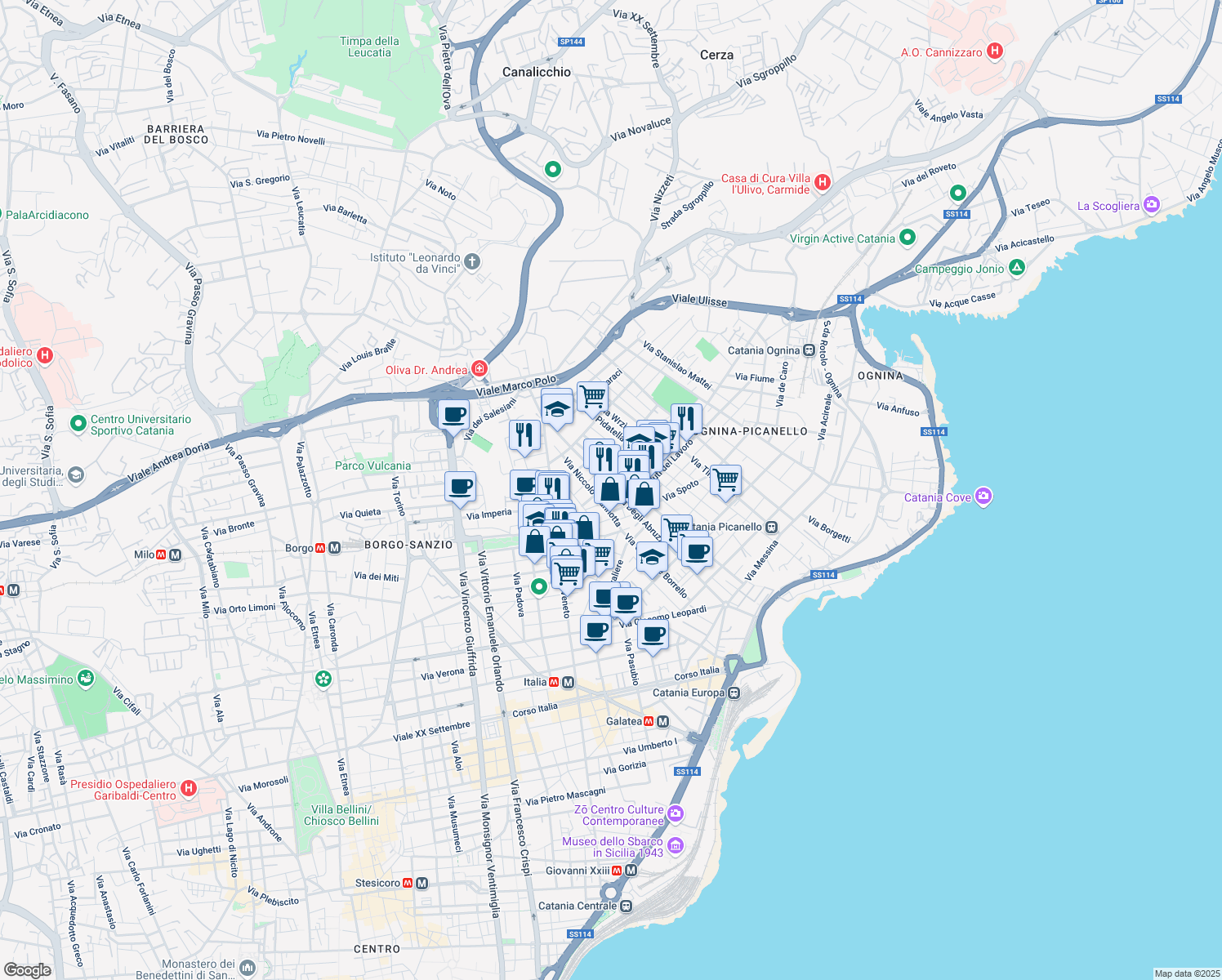 map of restaurants, bars, coffee shops, grocery stores, and more near 121 Via Duca Degli Abruzzi in Catania
