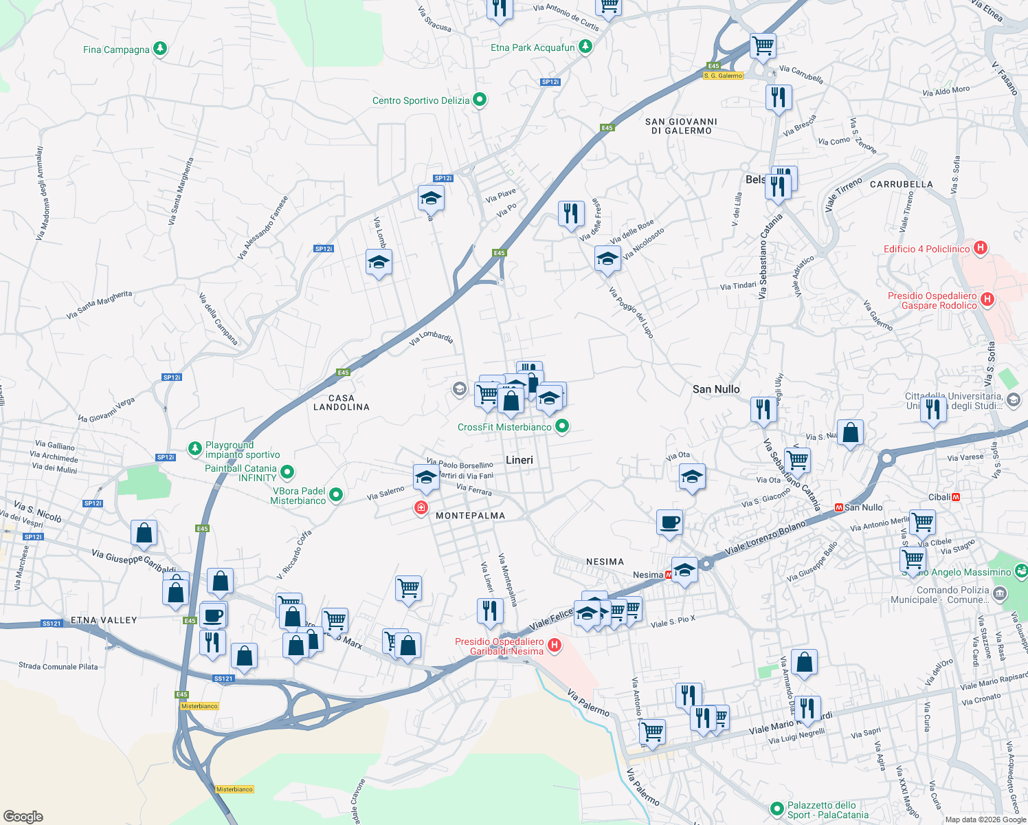 map of restaurants, bars, coffee shops, grocery stores, and more near 20-22 Via Nicolo Copernico in Misterbianco
