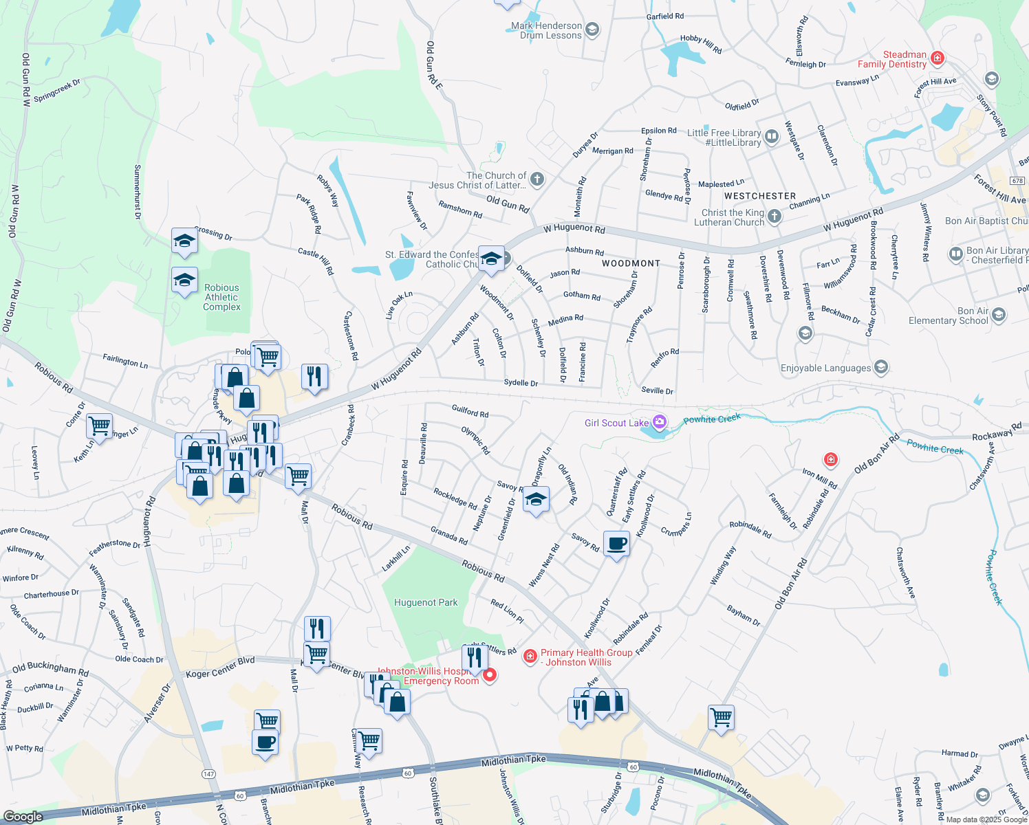 map of restaurants, bars, coffee shops, grocery stores, and more near 2208 Woodmont Drive in Richmond