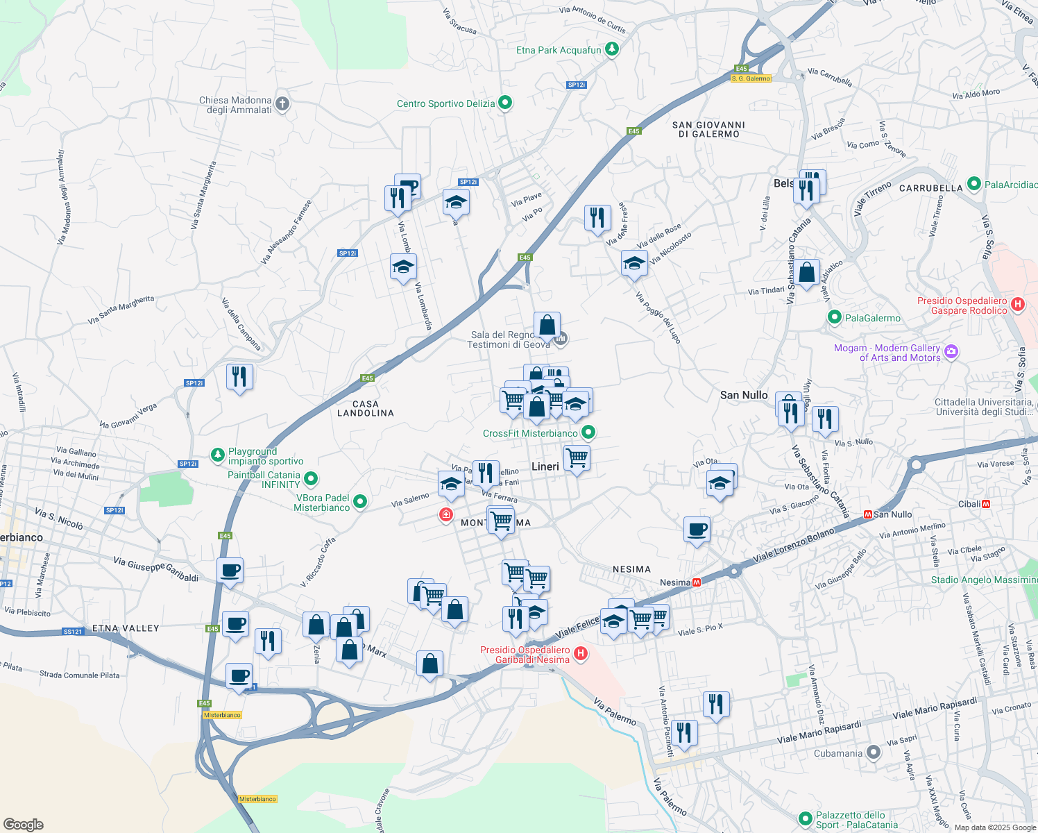 map of restaurants, bars, coffee shops, grocery stores, and more near 24 Via Tomasi di Lampedusa in Misterbianco